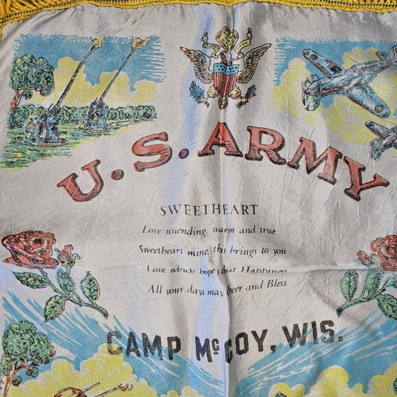 Vintage U.S. Army Camp McCoy WI Silk Satin Sweetheart Pillow Cover Fringe - Picture 2 of 10